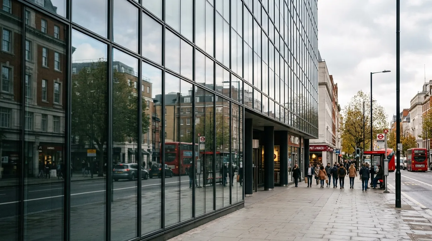 Street-level view along a full-height curtain-wall facade reflecting the buildings opposite