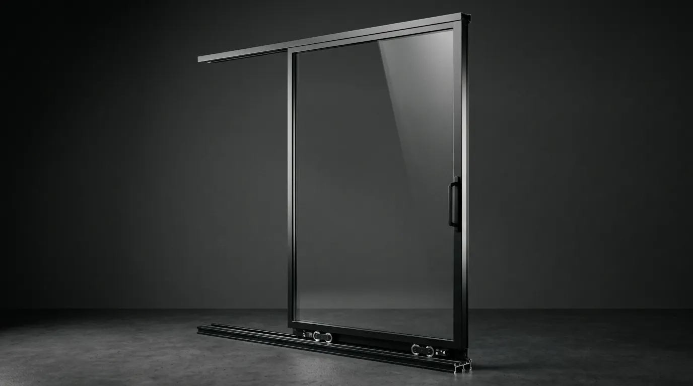 Single sliding glass leaf on its head and floor track, photographed in a studio to show the slim frame section and running gear