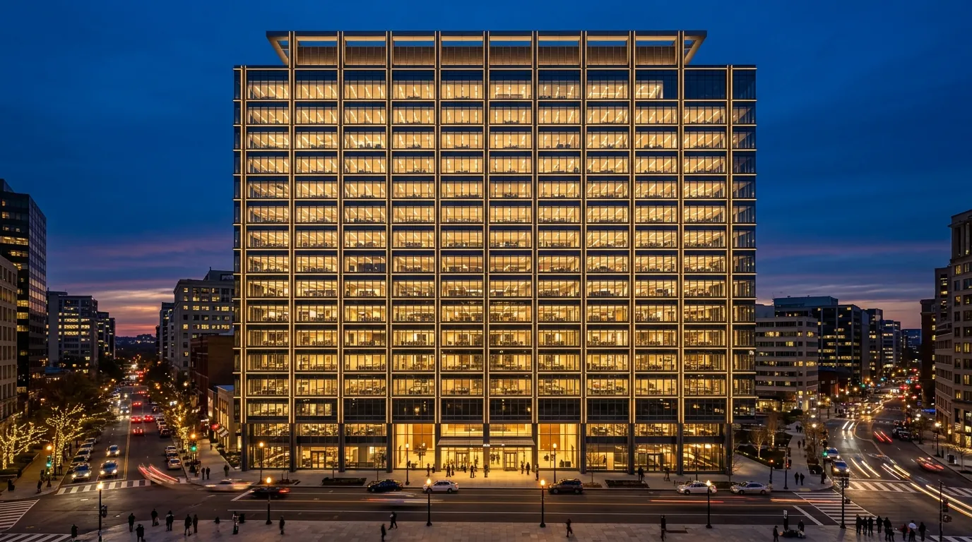 Tall gridded curtain-wall tower lit at dusk above a busy intersection