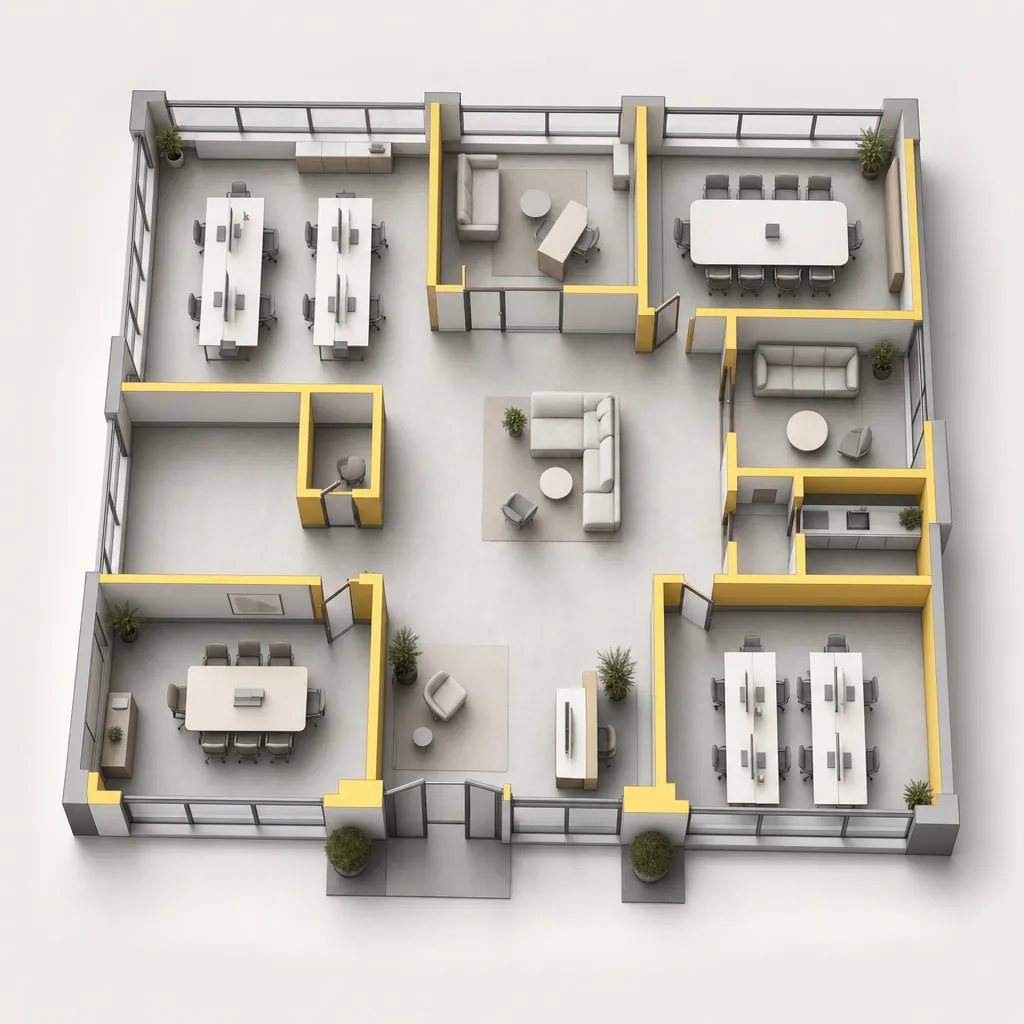 Isometric technical render of a glazed partition floor plan